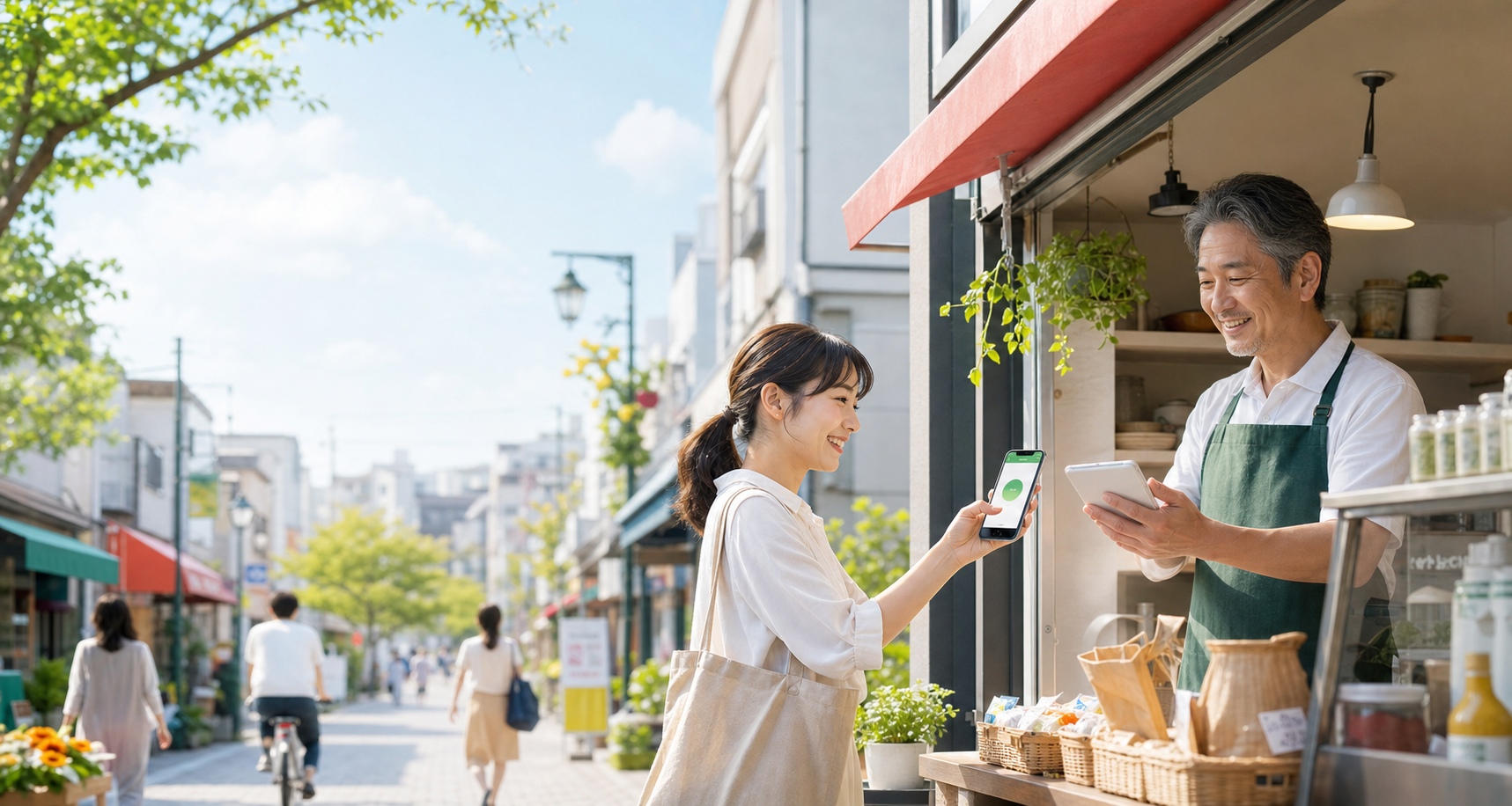 地域のお店でスマートフォンのポイントサービスを利用している様子